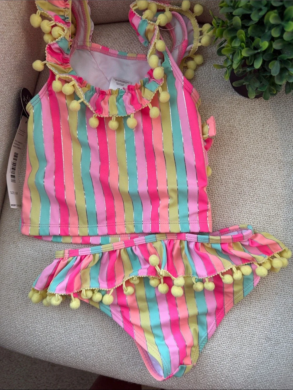 Nicole Miller New York Girls' Multicolor Stripe Pom Pom 2-Piece Swim Bikini NWT